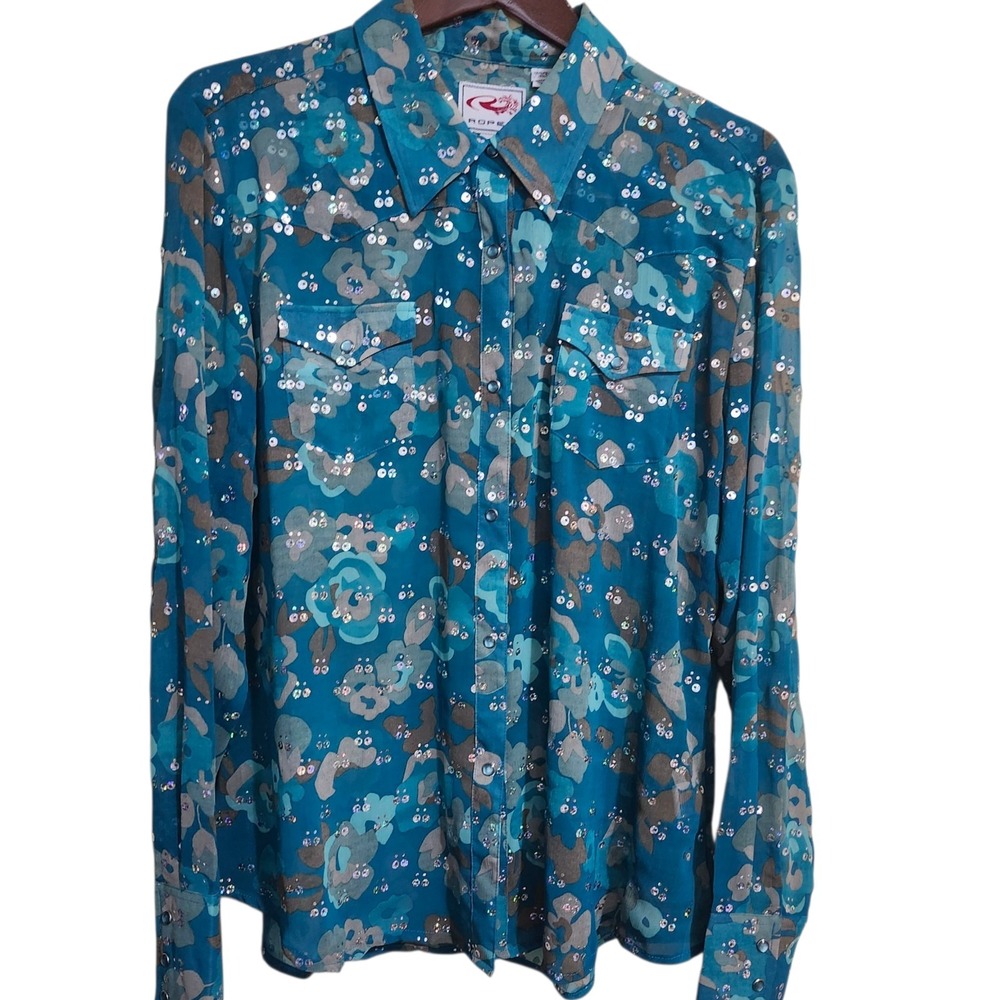 Roper Sequined Top Teal Western Pearl‎ Snap Sheer Rodeo Cowgirl Size Large